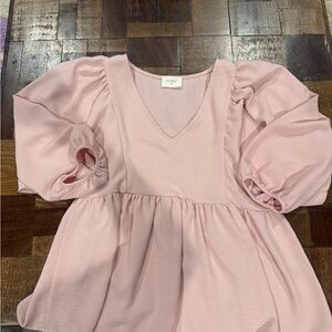 Pink V-Neck Peplum Blouse with Puff Sleeves